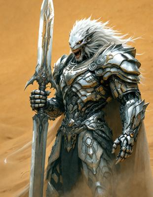 The primary subject of the image is a man dressed in a silver armor, holding a sword. The setting is a desert-like environment, with sand visible in the background. The visual style appears to be a combination of photo and digital art, creating a unique and intriguing scene. The colors in the image are predominantly silver and brown, giving the scene a sense of mystery and intensity.
